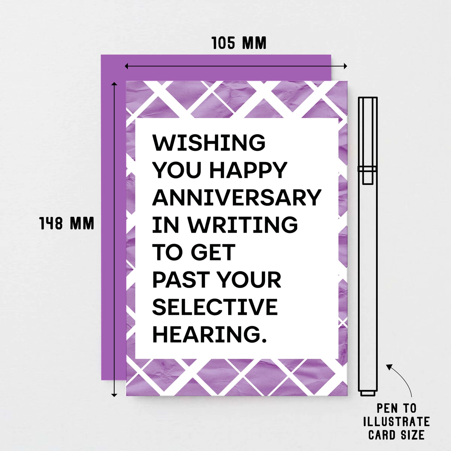 Anniversary Card by SixElevenCreations. Card reads Wishing you happy anniversary in writing to get past your selective hearing. Product Code SE2303A6