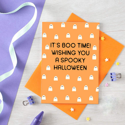 Halloween Card by SixElevenCreations. Reads It's boo time! Wishing you a spooky Halloween. Product Code SEH0017A6