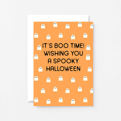 Halloween Card by SixElevenCreations. Reads It's boo time! Wishing you a spooky Halloween. Product Code SEH0017A6