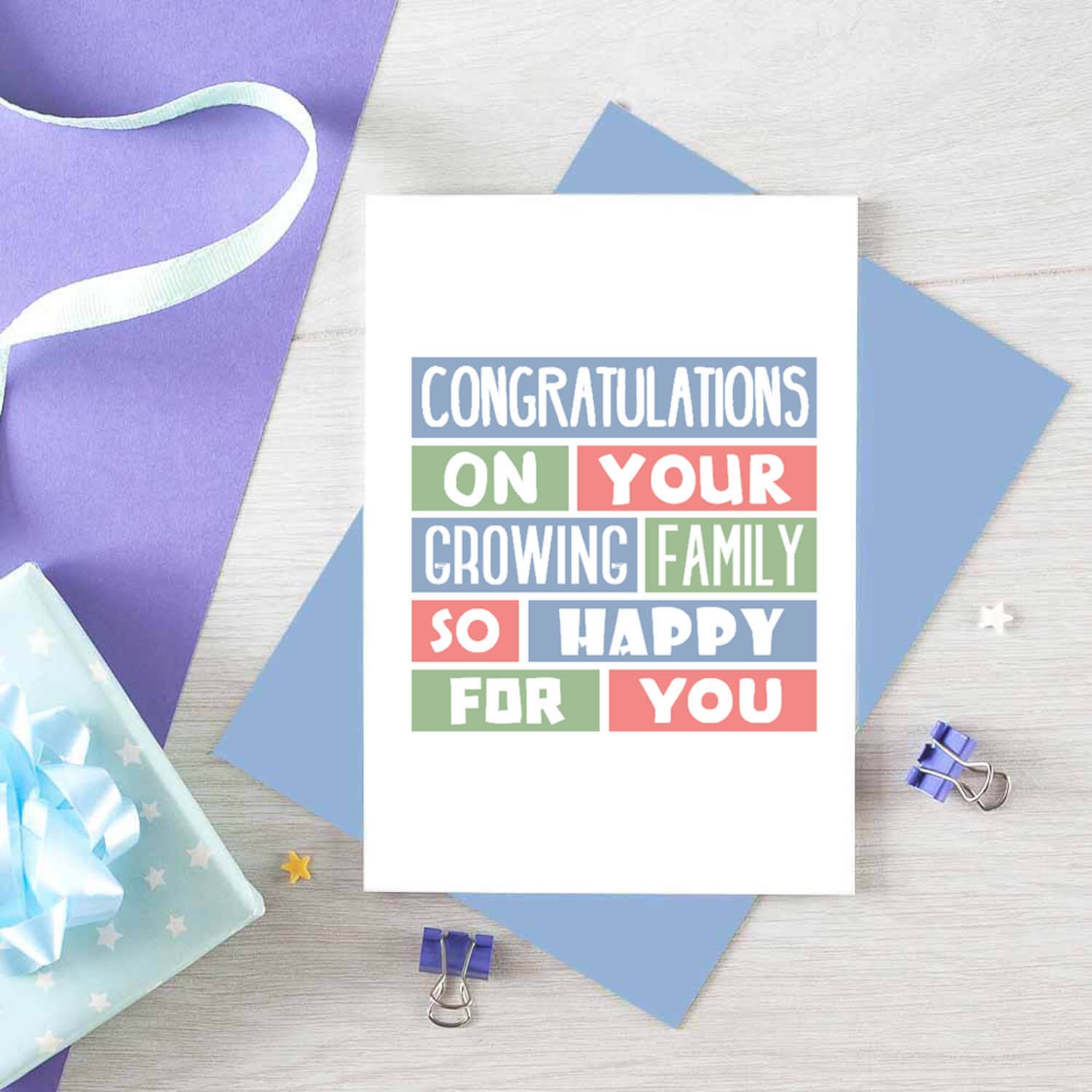 New Baby Card by SixElevenCreations. Reads Congratulations on your growing family. So happy for you. Product Code SE0319A6